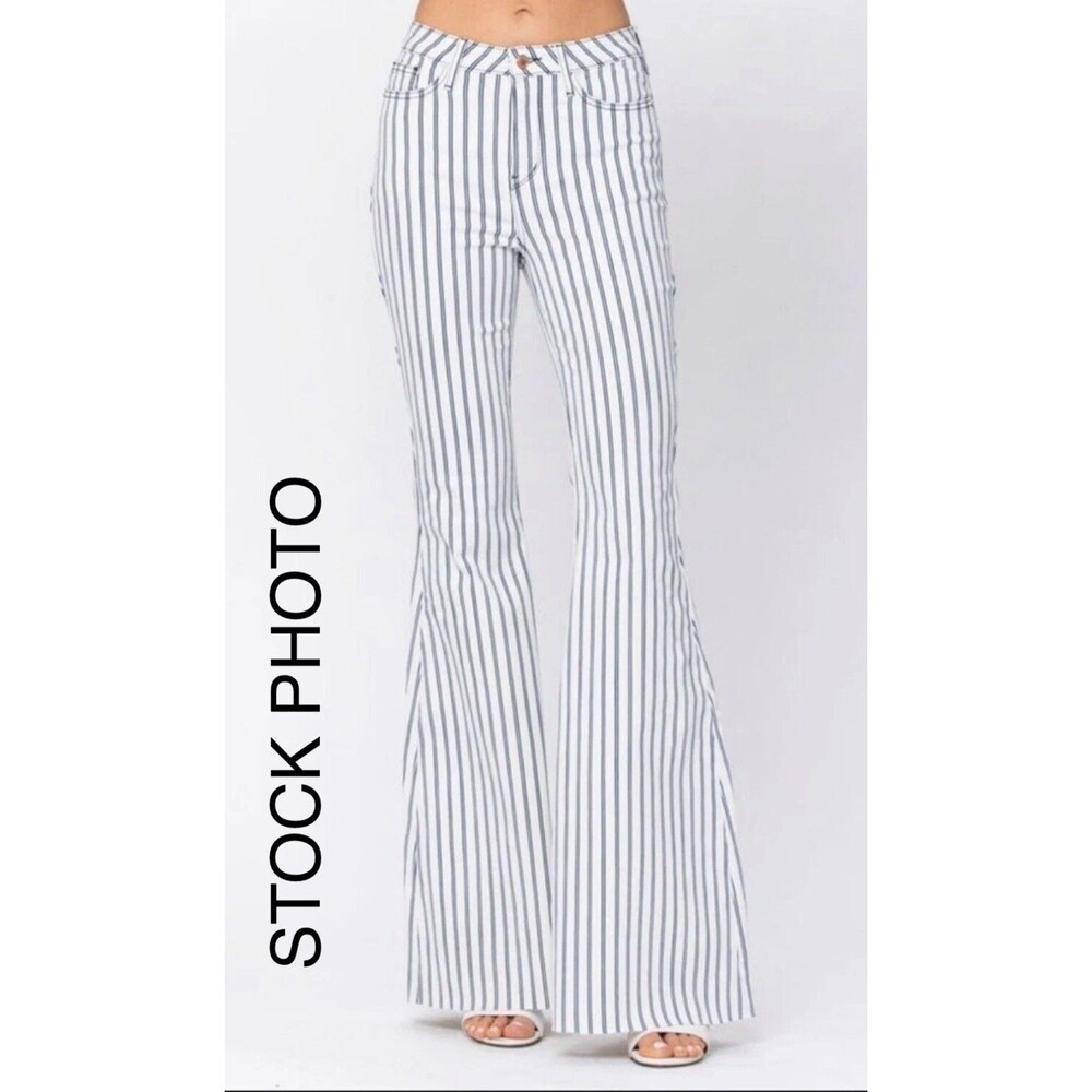 Judy Blues High-Rise, White and Blue Stripped, Raw Hem, Super Flair Jeans 16 NWT